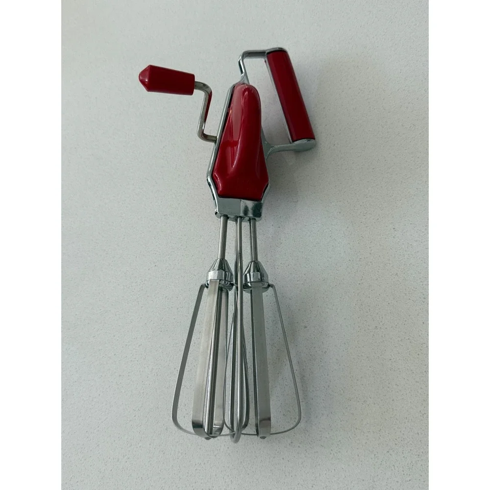 Vintage Maynard Speed Mixer Hand Crank Egg Beater Red Stainless Steel USA Made